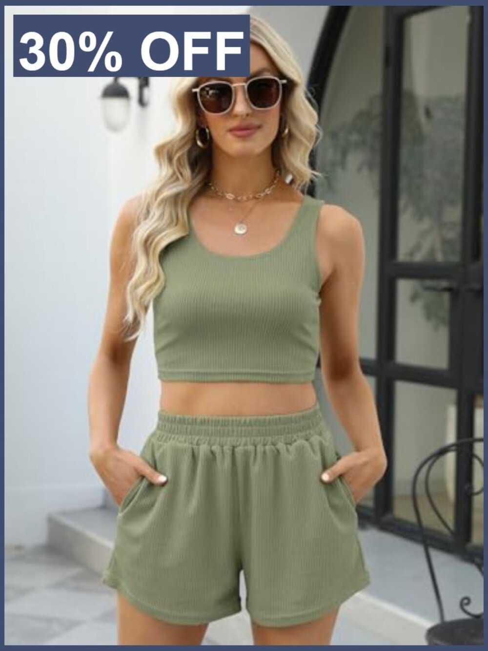 Two Piece Lounge Set Sleeveless Crop Top High Waisted Shorts - Picture 2 of 7